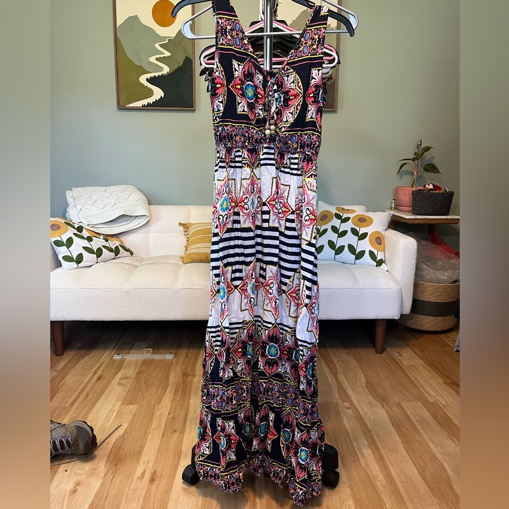 Bohemian Multicolor Print Maxi Dress - Sleeveless V-Neck